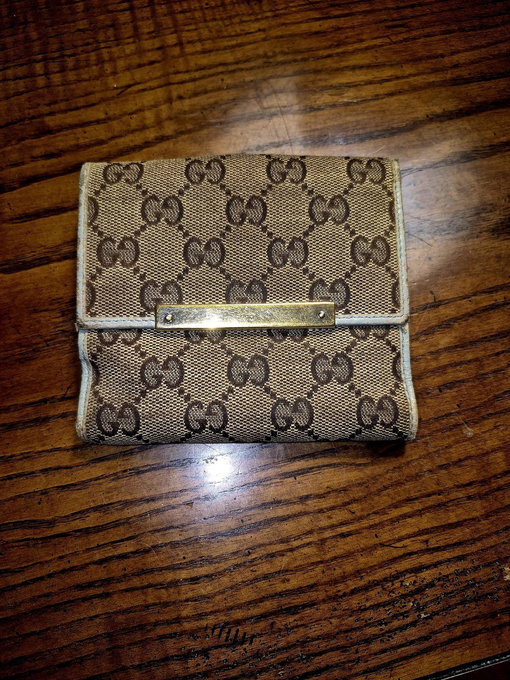 Gucci GG Brown Blue Canvas Bi Fold "Project" Wallet